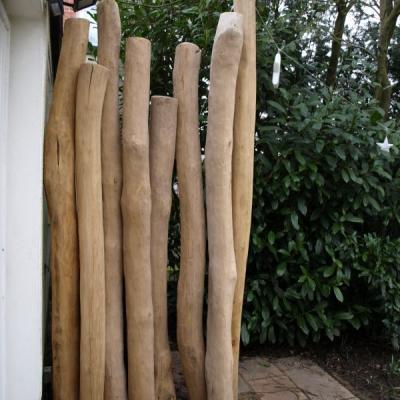 Gartengestaltung mit geschälten Robinienstämmen als Sichtschutzblende für Mülltonnen